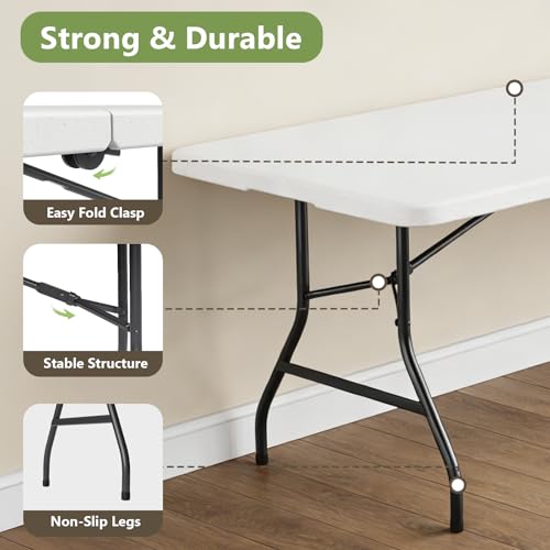 8FT Folding Table, Heavy Duty Plastic Fold-in-Half Utility Table with Handle, Portable Camping Picnic Table with Steel Legs for Indoor Outdoor Party, Dining, White - color: White, size: 8FT