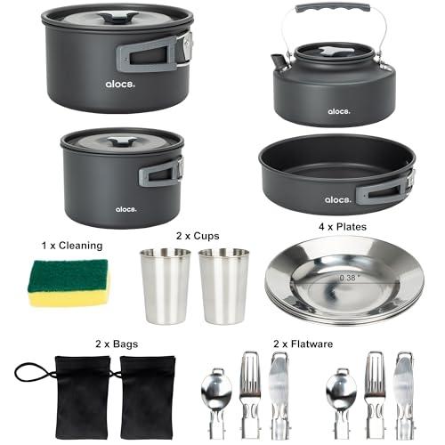 Alocs Camping Cookware Set - Lightweight Camping Pots and Pans - Portable Outdoor Cookware with Kettle - Camping Cookware Mess Kit for 2 - style: Ultimate Value Kit (17-piece)