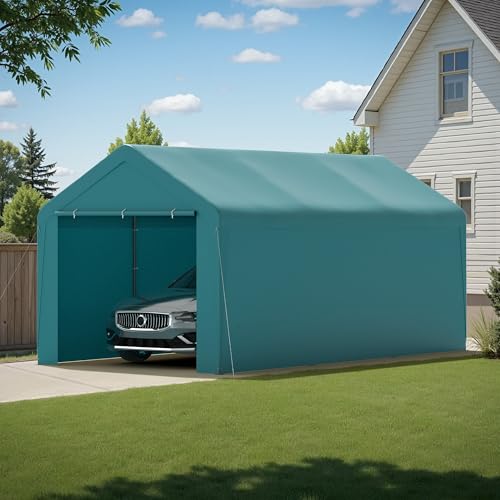 Carport, 10‘ x 20’ Heavy Duty Portable Garage All-Season Car Canopy w/Removable Sidewall & Doors, Carport Canopy Party Tent w/Water-Resistant Tarp for Backyard (Green, 10‘ x 20’) - color: Green, size: 10' x 20' /with side