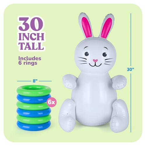 30" Easter Bunny Inflatable Ring Toss Game - Easter Games for Kids with 6 Rings - Weighted Bottom to Keep Inflatable Rabbit Upright - Family Outdoor Easter Party Games for Kids and Adults