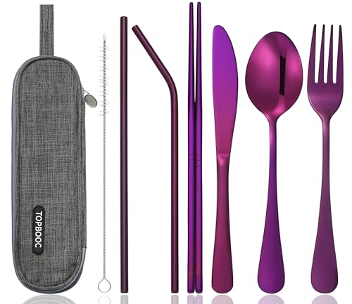 8-Piece Portable Stainless Steel Flatware Set, Travel Camping Cutlery Set with Purple Waterproof Case - color: Purple