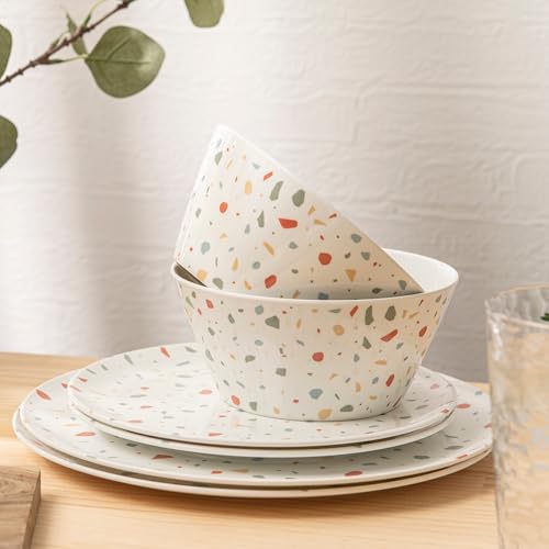 Bzyoo 12-Piece Melamine Dinnerware Set - White Confetti | Lightweight, Durable, BPA-Free | Dishwasher Safe Dish Set for Indoor & Outdoor Use - Perfect for Camping, BBQs, Kids Parties - color: White Confetti