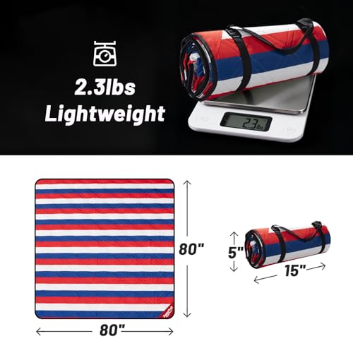 Picnic Blanket Waterproof 80"x80" – Extra Large Outdoor Blanket for Beach, Park, Grass, Lawn, Camping, Sandproof, Foldable & Portable Mat, Wedding Registry Gift for Family & Travel - color: Red White & Blue Stripe