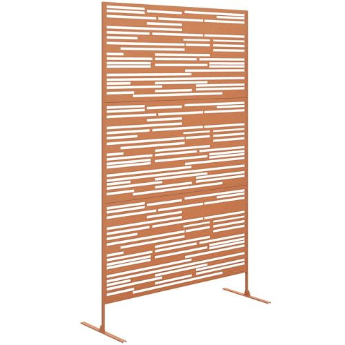 Outsunny Metal Outdoor Privacy Screen, 78" H x 48" W Decorative Privacy Fence Screen, Freestanding Outdoor Divider with Stand, Climbing Plant Trellis for Garden Walkway, Balcony, Patio, Barcode Brown - color: Brown/Barcode