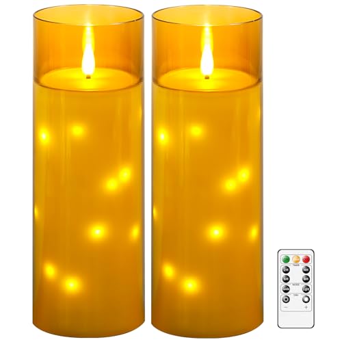 kakoya 11" x 4" Large Outdoor Waterproof Flameless LED Candles with Remote and Timer,Acrylic Pillar Candles Battery Operated with Embedded Star String for Porch,Patio,Outdoor Decor,Set of 2(Gold) - color: Gold, size: 2PCS-D4"xH11"