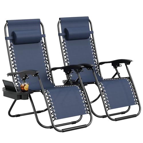 Garvee Zero Gravity Chair Set of 2, Patio Lounge Chair Outdoor with Pillow & Cup Holder Tray, Adjustable Reclining Chair, Folding Portable Camping Chair for Deck, Beach, Yard, Garden - Navy Blue - color: Navy Blue