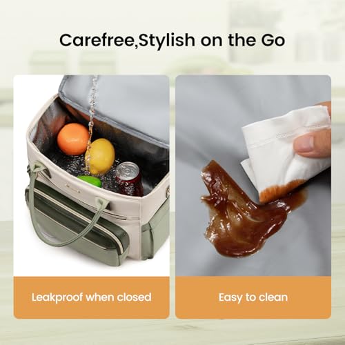 LOVEVOOK Insulated Lunch Bag Women,Wide Opening Adult Lunch Box Women,Large Leakproof Cooler Bag for Work Picnic Beach Family College,Lunch Teacher Tote Bag with Adjustable Shoulder Strap Cup Holder - color: Off White with Green, size: Large —13l