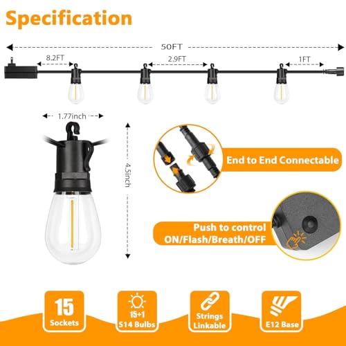 LED Outdoor String Lights, 50FT Waterproof Patio Light with Remote & 16 Dimmable Shatterproof S14 Edison Bulbs(1 Spare), Connectable Outside Backyard Hanging Lights for Balcony, Gazebo, Porch, Party - size: 50ft With Remote