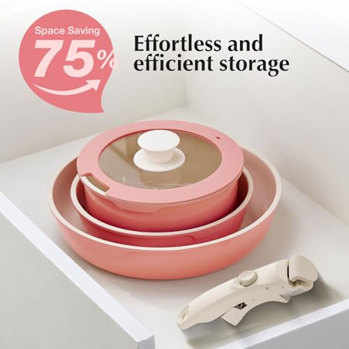 IKTU Ceramic Pots and Pans Set Non Stick Pink, 5Pcs Nonstick Cookware Set with Detachable Handle RV Camping Induction Kitchen Cookware Set Non Stick, PFAS PFOA & PTFE Free - color: Coral Pink