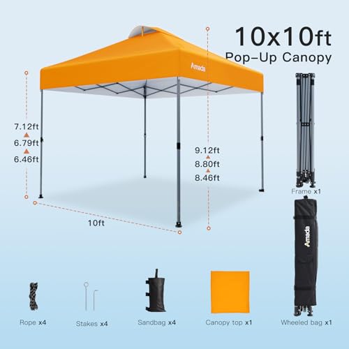 Amada 10x10 Pop Up Canopy Tent, 1-Button Push Easy-up Outdoor Canopy Beach Tent with 3-Height Adjustable Waterproof Shade Shelter, Wheeled STO-N-Go Bag 8 Stakes, 4 SandBags (Orange) - color: Orange, size: 10x10ft
