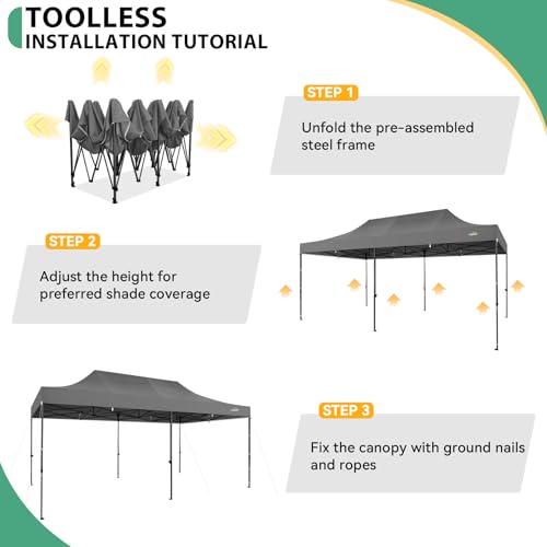 COBIZI 10x20 Heavy Duty Pop Up Canopy Tent with 6 Sidewalls Thicken Frame, Commercial Easy Up Outdoor Wedding Party Tents, All Season Waterproof Windproof with Stakes Sandbags Ropes Roller Bag, Gray - color: Gray, size: 10x20