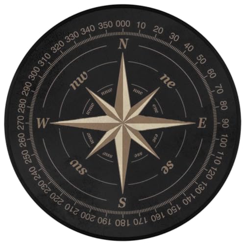 Compass Rose Round Area Rug, Artwork Black Non-Slip Circle Rug for Bedroom Living Room Outdoor Study Playing Floor Mat Carpet, 5.2' Diameter - color: Compass, size: 5.2' Diameter