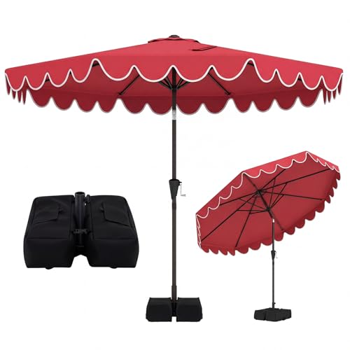 Tangkula 10 FT Patio Umbrella with Base Included, 2-Tiers Outdoor Scalloped Table Umbrella with 2 Sandbags, Tilt Adjustment, Crank, 8 Ribs for Market Backyard Pool Deck Beach Lawn - color: Wine, size: 10 FT