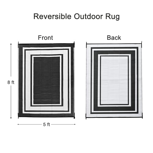 RURALITY Plastic Straw Outdoor Mats 5 ft by 8 ft for Patios Waterproof Rugs for Backyard,Porch,Deck,Balcony,Reversible,Black and White - color: Panel-black&white, size: 5' x 8' (Rectangular)