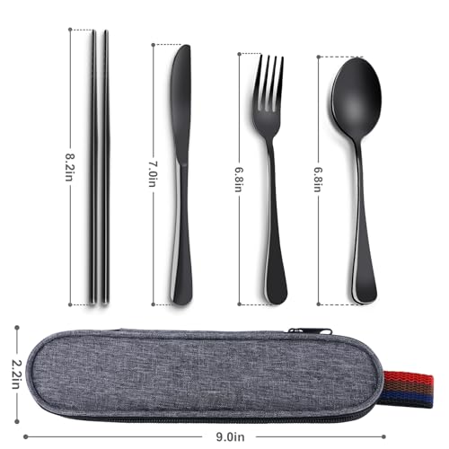 Reusable Travel Utensils Set with Case, Premium Stainless Steel Flatware, Portable Silverware for Lunch, Camping, Picnic, Travel Fork and Spoon Set, To Go Utensils, Dishwasher Safe - color: Black