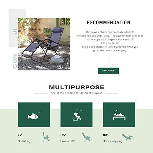 GUNJI Zero Gravity Chair Outdoor Lawn Folding Lounge Chairs Adjustable Reclining Patio Chairs Set of 2 with Cup Holder Lounge Gravity Chairs for Poolside, Backyard, Beach and Camping (Blue) - color: Blue