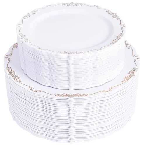 U-QE 100PCS Gold Plates Disposable - Heavy Duty White and Gold Plates Including 50PCS 10'' Dinner & 50PCS 7.5'' Dessert Plates Perfect for Upscale Party, Wedding - color: White Gold