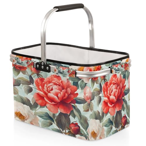 Boho Floral Picnic Basket Large Collapsible Market Baskets Portable Reuasble Shopping Bags with Handles for Camping Beach Travel - color: Multi B