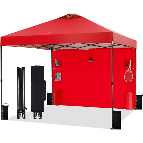 Tunbne 10'x10' Pop Up Canopy Tent with 1 Sidewall and 6 Pockets, One Push Setup, Instant Shade Tent with Vented Roof for Beach Patio Outdoor, Case, 8 Stakes, 4 Ropes, 4 Sandbags (Red, 10x10) - color: Red, size: 10x10