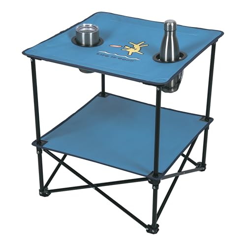 Life is Good 22” Square Compact Outdoor Folding Table with Cup Holders and Carry Bag for Beach, Camping, 30lb Weight Capacity, Blue