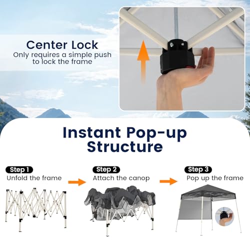 Tangkula 7x7 Ft Pop Up Canopy with Center Lock, UPF50+ Slant Leg Outdoor Tent with Sidewall, Carry Bag & 4 Stakes, Compact Portable Canopy Tent for Hiking Camping Fishing & Picnic (Gray) - color: Gray, size: 7x7 Ft