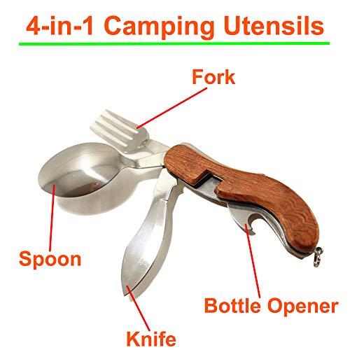 4-in-1 Camping Tableware Utensils, Portable & Detachable Stainless Steel Spoon Fork Knife & Bottle Opener Combo Set - Travel, Backpacking Cutlery Multitool