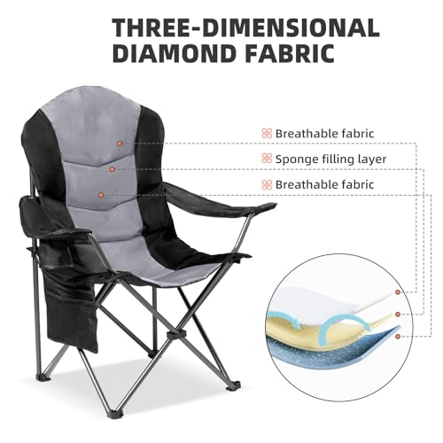 2 Pack Folding Camping Chairs for Adults - High Back Padded Outdoor Lawn Chairs with Lumbar Support & Cup Holder, 400lbs Heavy Duty Portable Camping Chairs Set (Black & Light Gray) - color: Black & Light Gray, size: 2 PCS