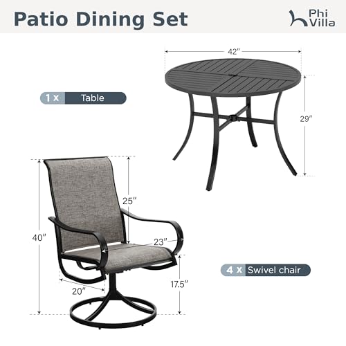 PHI VILLA Patio Dining Set 5 Piece, 4 Breathable Textilene Swivel Patio Chairs and 1 Round Metal Table with 1.57" Umbrella Hole, All Weather Resistant for Lawn Garden - color: Brown Fabric, size: 42" Dia x 28"H-5 Piece-Metal