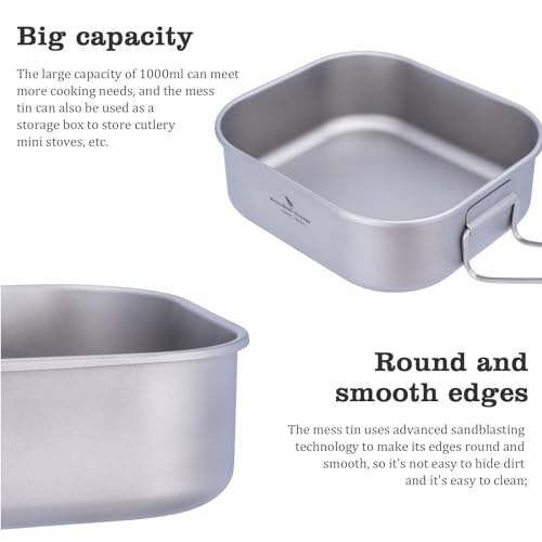iBasingo 1000ml Titanium Military Mess Tin Outdoor Camping Cookware with Lid & Folding Handle Lightweight Frying Pan Single Layer Square Lunch Box Portable Hiking Backpacking Cooking Kit Ti2084C