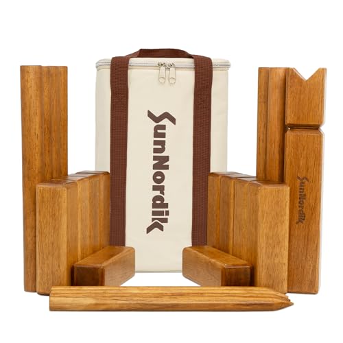 SunNordik Kubb Yard Game Set, Giant Viking Chess Outdoor Tossing Game with Carry Bag, Rubber Wood Backyard Lawn Game for Kids & Beginner - color: Yellow Brown