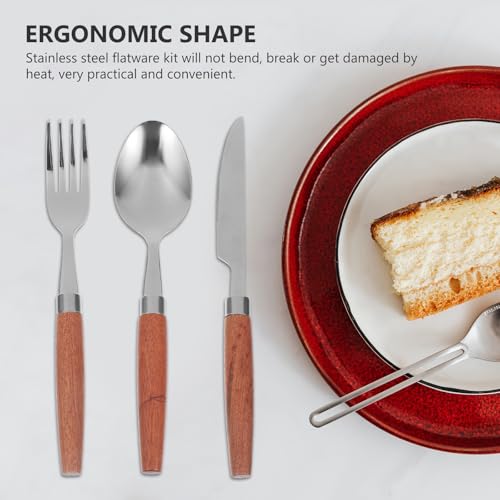 Kisangel Camping Cutlery Set 4pcs Stainless Steel Fork Spoon Knife with Vintage Wooden Handles and Gray Carry Bag for Outdoor Picnic and Camping Tableware