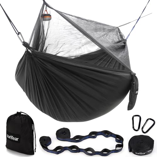 Sunyear Hammock Camping with Rain Fly Tarp and Net, Portable Camping Hammock Double Tree Hammock Outdoor Indoor Backpacking Travel & Survival, 2 Tree Straps,100% Waterproof - color: Black（no Rain Fly）, size: 55"W*106"L
