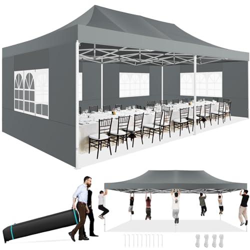 COBIZI 13x26 Heavy Duty Pop Up Canopy Tent with 6 Sidewalls Thicken Frame, Commercial Easy Up Outdoor Wedding Party Tents, All Season Waterproof Windproof with Stakes Sandbags Ropes Roller Bag, Gray - color: Gray, size: 13x26