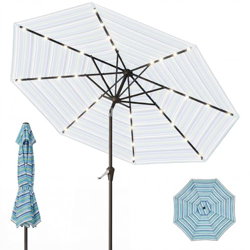 9FT Patio Umbrella with Solar Lights,Outdoor Market Umbrella with Tilt and Crank, LED Lighted Table Umbrella for Garden,Deck,Backyard,Pool,Beach (Blue Green Stripes) - color: Blue Green Stripes