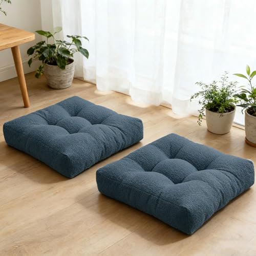 Meditation Cushion Set of 2, Large Floor Cushions for Adults, Thick Square Floor Sitting Pillow with Tufted Cover for Tatami Living Room Fireplace, Navy Blue 18x18 in - color: Navy Blue