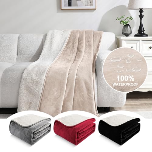 Waterproof Blanket for Beds – Ideal for Couch & Pets Splash Proof Sherpa Throw, Leakproof TPU Layer, Stain Resistant Washable Bed Protector – Khaki, 90"x 80" - color: Khaki, size: 90"Lx80"W