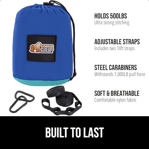 GORILLA GRIP Durable Camping Hammock with Heavy Duty Tree Straps, Portable Hammocks for Outside, Easy to Use Travel Swing Chair, Outdoor Camper Hiker Essentials, Backpacking Gear Gifts, Double, Blue - color: Dark Blue/Light Blue, size: Double (10' x 6.5')
