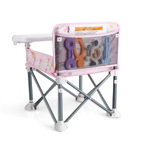 PandaEar Portable Baby Booster Seat | Compact Fold with Safety Straps & Feeding Tray for Indoor/Outdoor Use | Great for Travel, Camping, Beach, Lawn | Toddlers, Kids, Boys, Girls (Pink Unicorn)