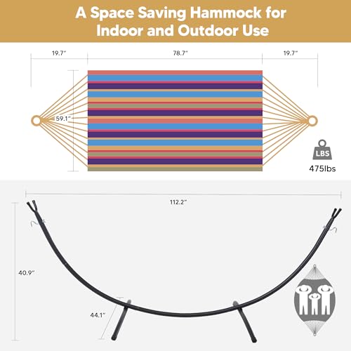 SUNCREAT Portable Large Hammock with Stand, Two Person Hammock with Stand Included, Rainbow Stripes - color: Yellow Purple