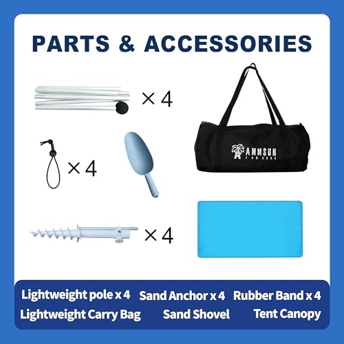 AMMSUN Beach Tent Sun Shelter, 10x10.5 FT Beach Canopy Tent Sun Shade with 4 Sand Anchor & Sand Bags | UPF 50+ Protection | 4 Thickened Poles | Windproof & Lightweight for Camping, Sky Blue - color: Sky Blue, size: 10x10.5 FT (4 Pole)