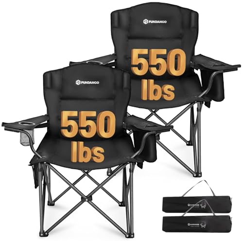 FUNDANGO Oversized Camping Chair for Adults, Heavy Duty Portable Foldable Lawn Chair with Padded Seat & Back, Lumbar Support, 4-can Cooler & Cup Holder, Carry Bag Included for Outdoor - color: Black With Lumber Support 2 Pack