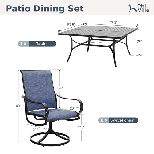 PHI VILLA 9 Piece Outdoor Patio Dining Set, Large Square Metal Dining Table and 8 Outdoor Swivel Dining Chairs, Patio Table and Blue Chair Furniture Dining Set for 8 Person - color: Blue Fabric, size: 60"L x 60"W x 29"H-9 Piece-Metal