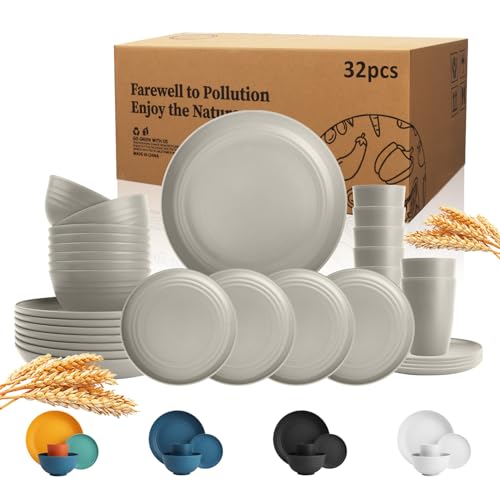 Wrova 32-piece Kitchen Alternative Melamine Wheat Straw Dinnerware Sets,Unbreakbale Dishwasher Safe Kitchen Bowls and Plates Sets with Cups,Apartment Essential Dishes Set for 8.Grey Series - color: Gray, size: 32 Pack