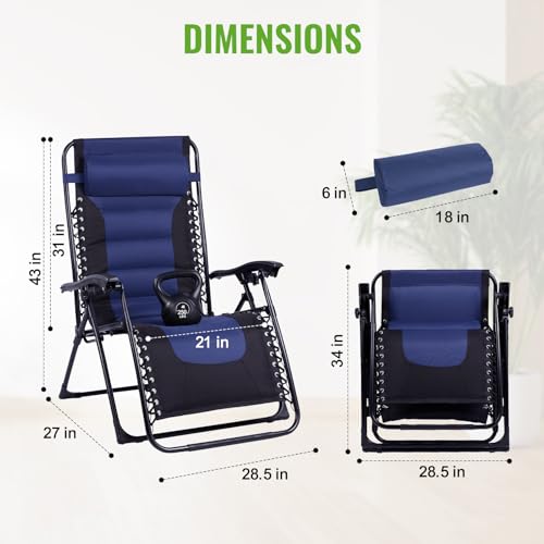 Backyard Expressions Deluxe XL Padded Recliner Zero Gravity Chair – Ergonomic Anti-Gravity Lounger with Folding Design, Side Tray, and Adjustable Headrest - color: Black/Blue