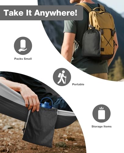 MOSFiATA Camping Hammock, Heavy Duty up to 700lbs with 2 Tree Straps and Attached Carry Bag Portable Outdoor Hammock for Backpacking Hiking Travel,Beach（Black Grey - color: Black Grey