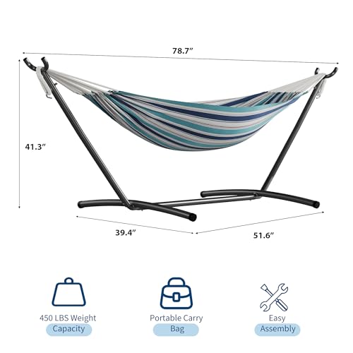 GarveeLife Double 2 Person Hammock, Indoor Outdoor Standing Hammock with Space Saving Steel Stand, Carry Bag, 450 LBS Weight Capacity, Suitable for Garden Camping Beach, Ocean - color: Ocean