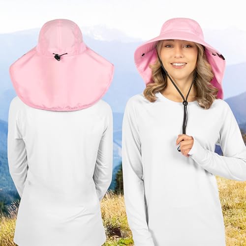 SUN CUBE Wide Brim Sun Hat with Neck Flap, UPF50+ Hiking Safari Fishing Hat for Men Women, Sun Protection Beach Hat - color: Pink
