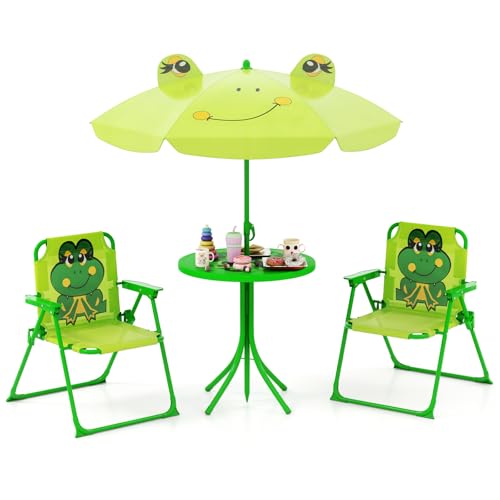 Costzon Kids Picnic Table, Kids Outdoor Table with 2 Folding Chairs, Height Adjustable Umbrella, Portable Children Outdoor Furniture for Patio, Garden, Backyard (Light Green) - color: Light Green Frog