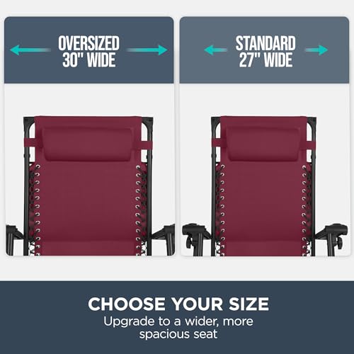 Best Choice Products 30” Wide Folding Zero Gravity Outdoor Recliner Patio Lounge Chair w/Adjustable Canopy Shade, Headrest, Side Accessory Tray - Burgundy - color: Burgundy, size: Oversized Extra Wide