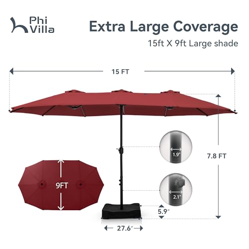 PHI VILLA 15ft Patio Umbrella Double-Sided Outdoor Market Extra Large Umbrella with Crank, Umbrella Base Included (Dark Red) - color: Dark Red